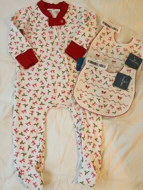 Red Trim White Holiday Bow Footed Baby Sleeper with Matching Bibs